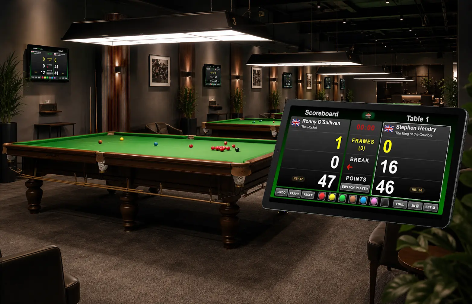 Professional snooker club with multiple tables under warm pendant lighting, digital scoreboards mounted on the walls