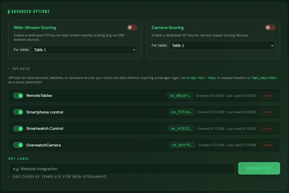Advanced options with web-stream and camera scoring toggles, and a list of API keys showing creation and last-used dates