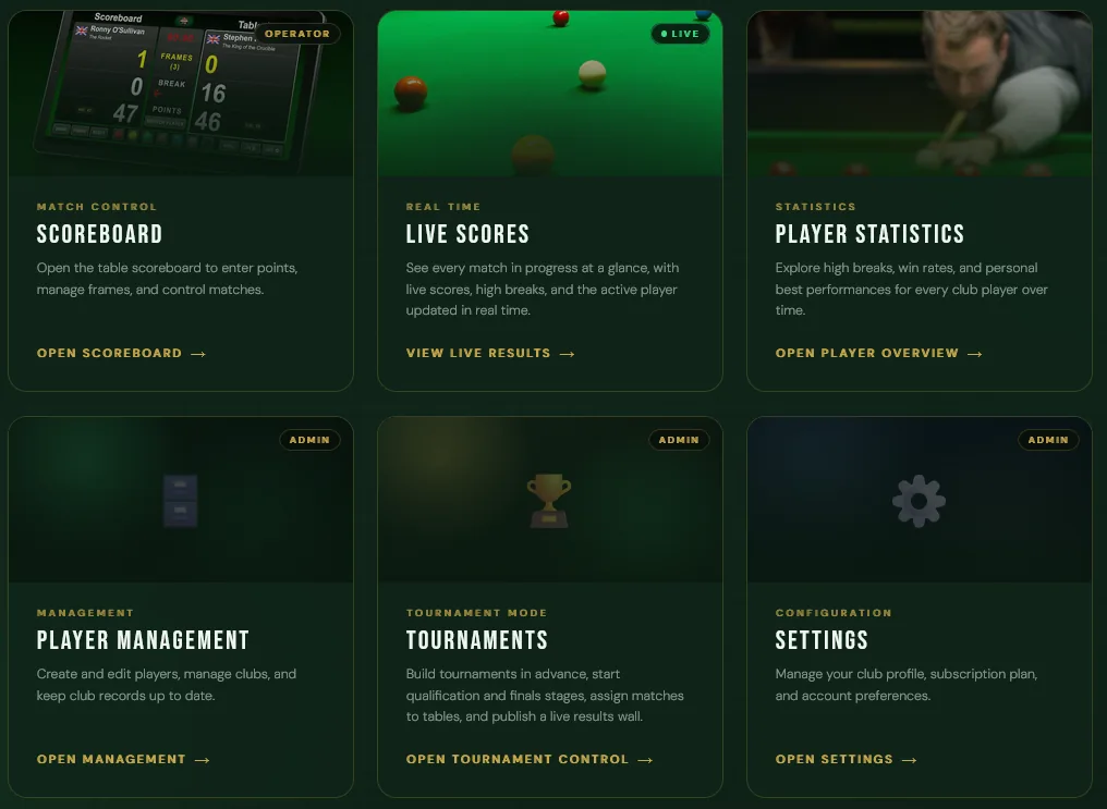 Main menu with cards for scoreboard, live scores, player statistics, player management, tournaments and settings