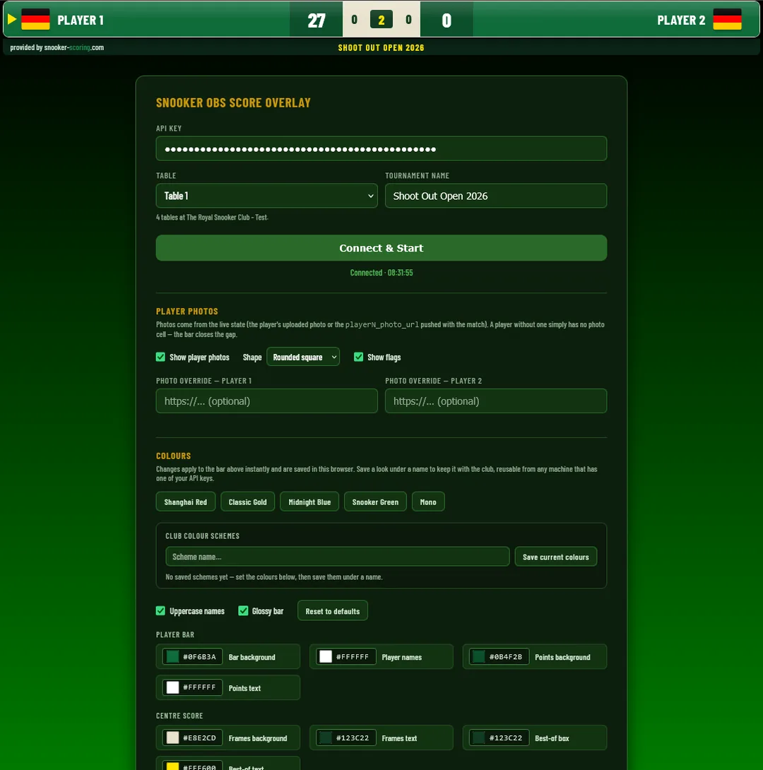 OBS score overlay setup with API key, player photos and club colour schemes, above a preview of the resulting live score bar