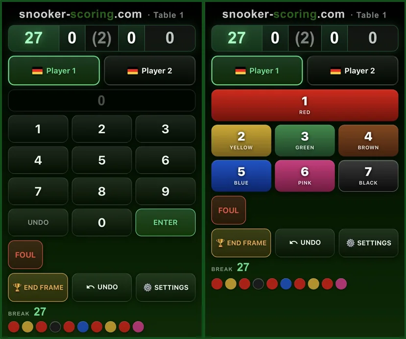 Two smartphone referee remotes side by side - a numeric keypad for entering points and a ball-value pad for potting colours, both showing the current break